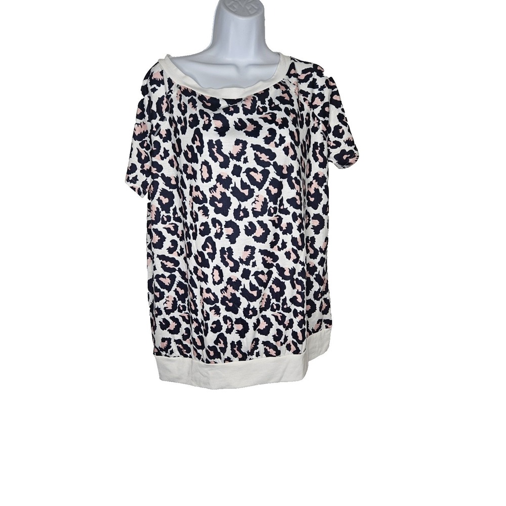 Women's Leopard Print Top Large Pink Black White Short Sleeve‎ Stretch Pullover